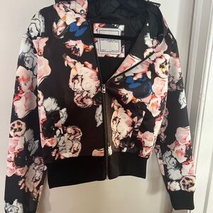 Lorna Jane Black Floral Bomber with Pink & Blue Accents